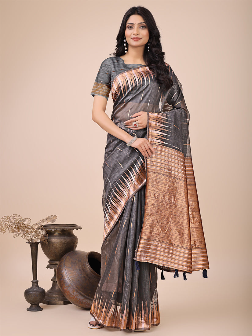 Monjolika Fashion Grey Woven Linen Silk Blend Saree with Metallic Striped Border
