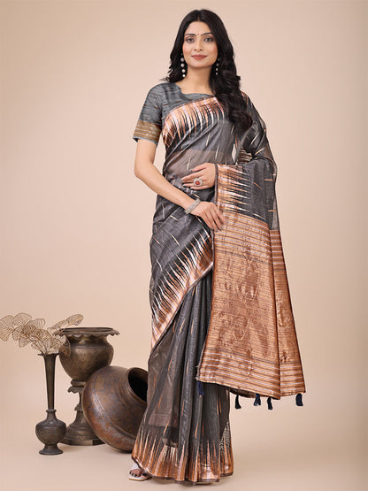 Monjolika Fashion Grey Woven Linen Silk Blend Saree with Metallic Striped Border
