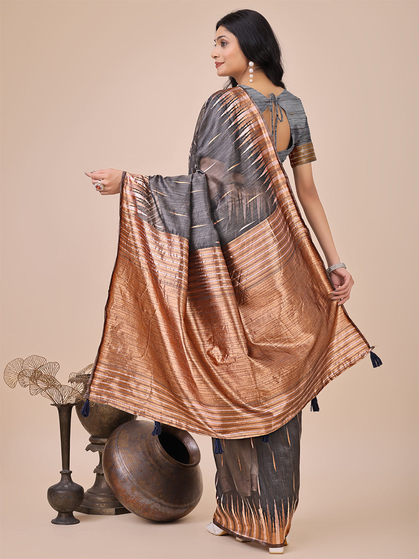 Monjolika Fashion Grey Woven Linen Silk Blend Saree with Metallic Striped Border