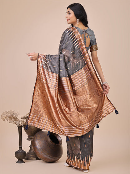 Monjolika Fashion Grey Woven Linen Silk Blend Saree with Metallic Striped Border