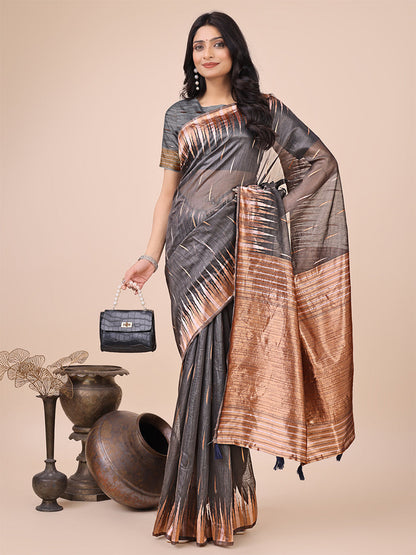Monjolika Fashion Grey Woven Linen Silk Blend Saree with Metallic Striped Border