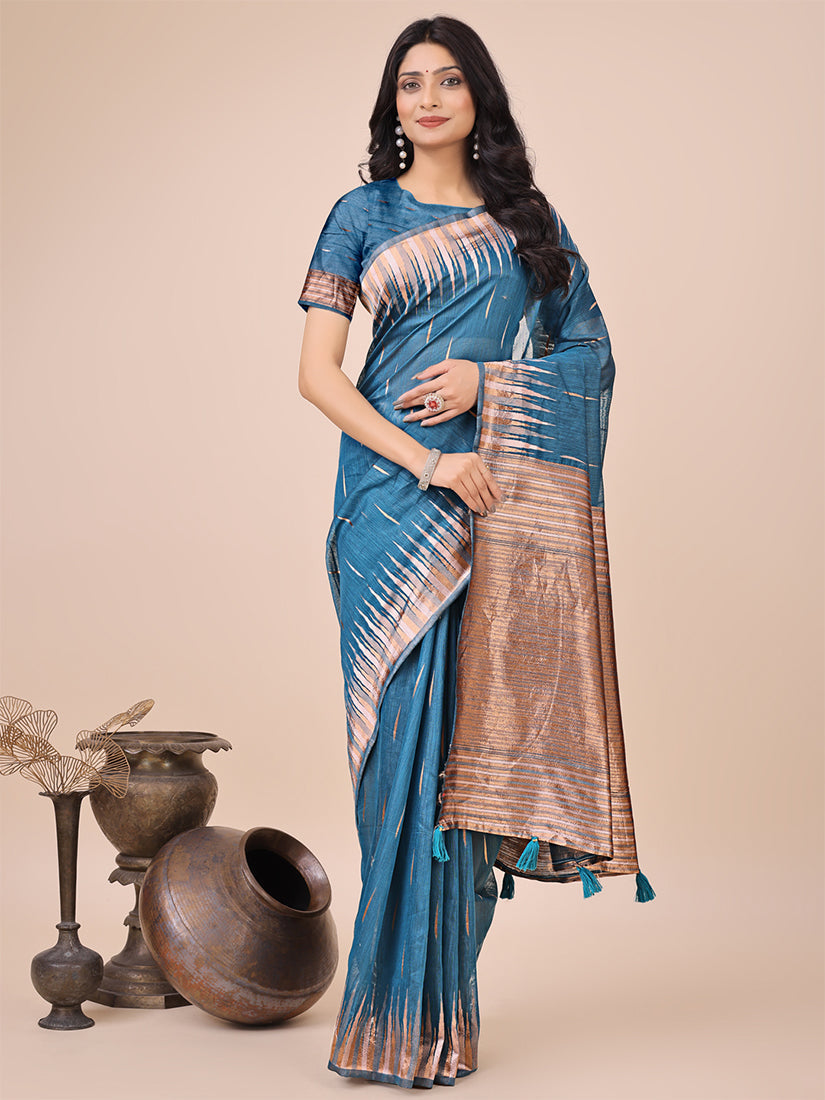 Monjolika Fashion Teal Blue Woven Linen Silk Blend Saree with Metallic Striped Border