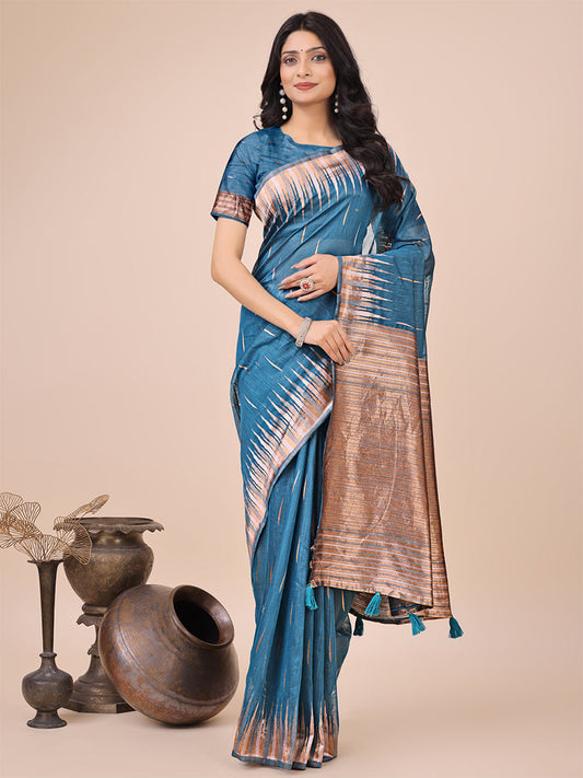 Monjolika Fashion Teal Blue Woven Linen Silk Blend Saree with Metallic Striped Border