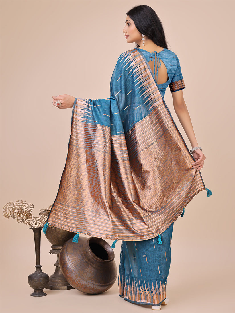 Monjolika Fashion Teal Blue Woven Linen Silk Blend Saree with Metallic Striped Border