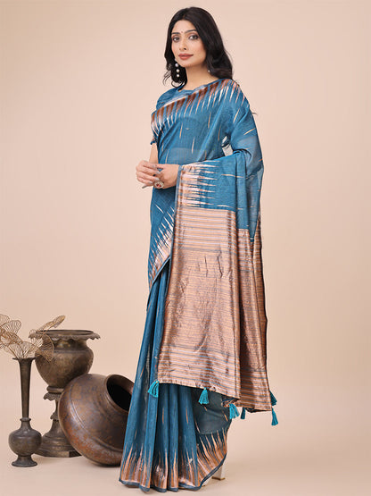 Monjolika Fashion Teal Blue Woven Linen Silk Blend Saree with Metallic Striped Border