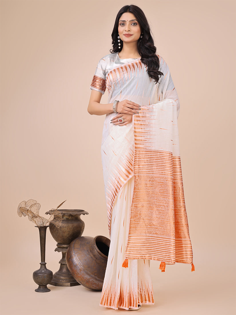 Monjolika Fashion White Woven Linen Silk Blend Saree with Metallic Striped Border
