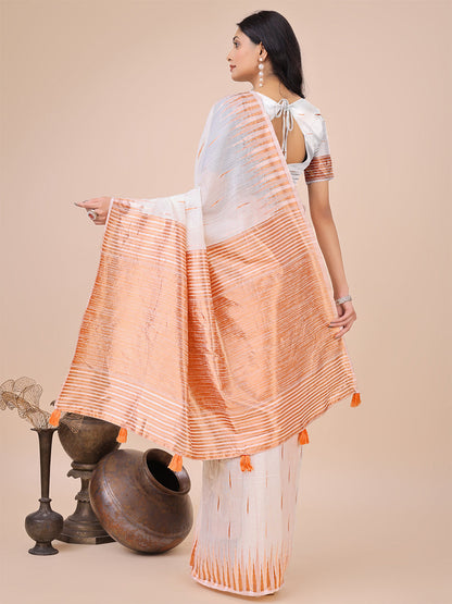 Monjolika Fashion White Woven Linen Silk Blend Saree with Metallic Striped Border