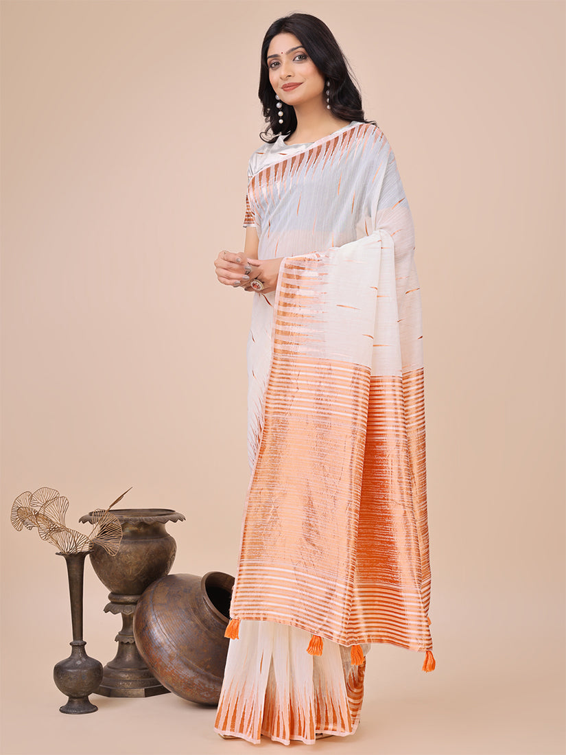 Monjolika Fashion White Woven Linen Silk Blend Saree with Metallic Striped Border