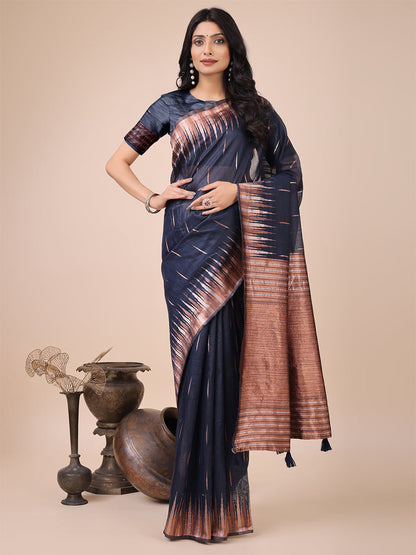 Monjolika Fashion Navy Blue Woven Linen Silk Blend Saree with Metallic Striped Border