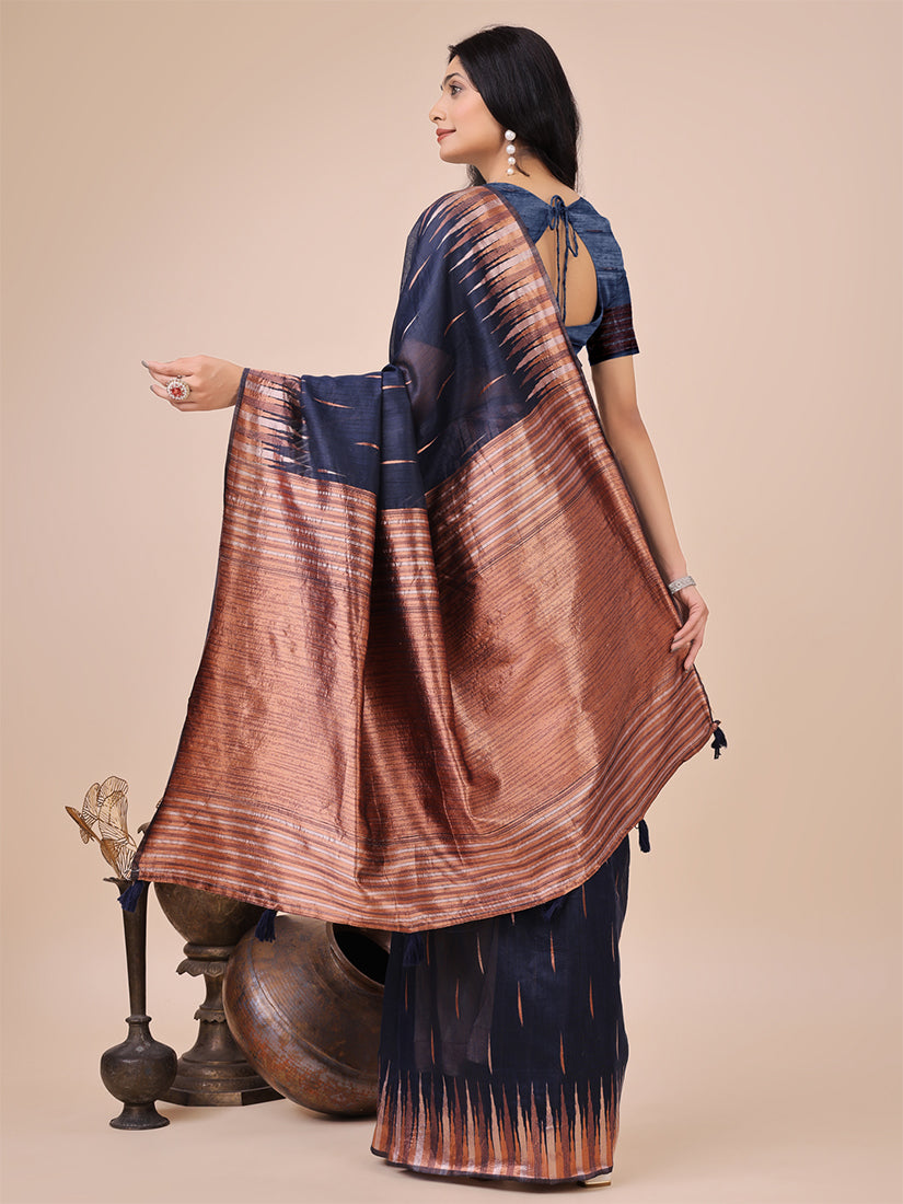 Monjolika Fashion Navy Blue Woven Linen Silk Blend Saree with Metallic Striped Border