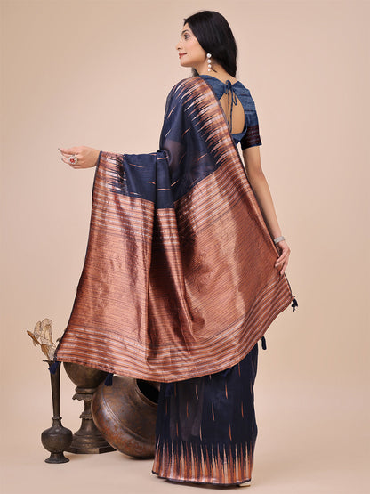 Monjolika Fashion Navy Blue Woven Linen Silk Blend Saree with Metallic Striped Border