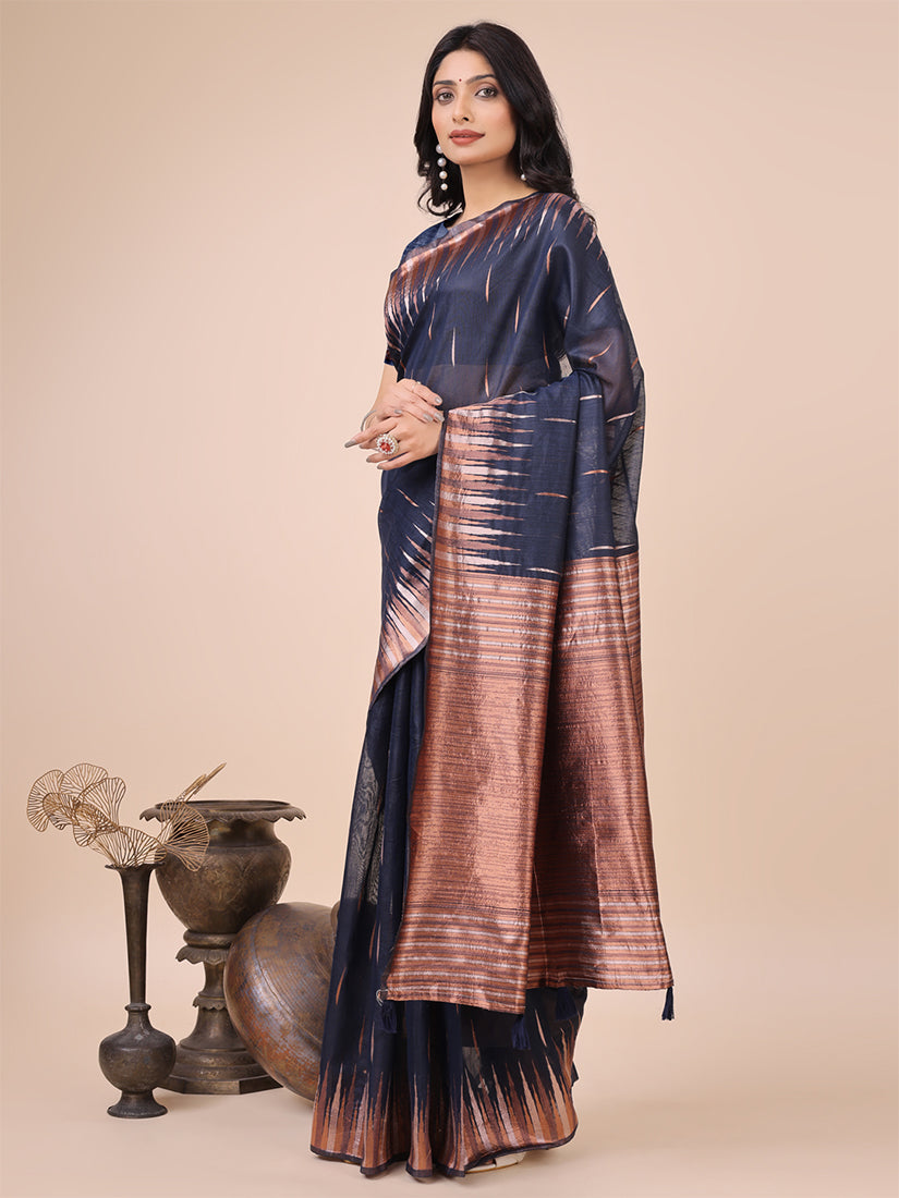 Monjolika Fashion Navy Blue Woven Linen Silk Blend Saree with Metallic Striped Border