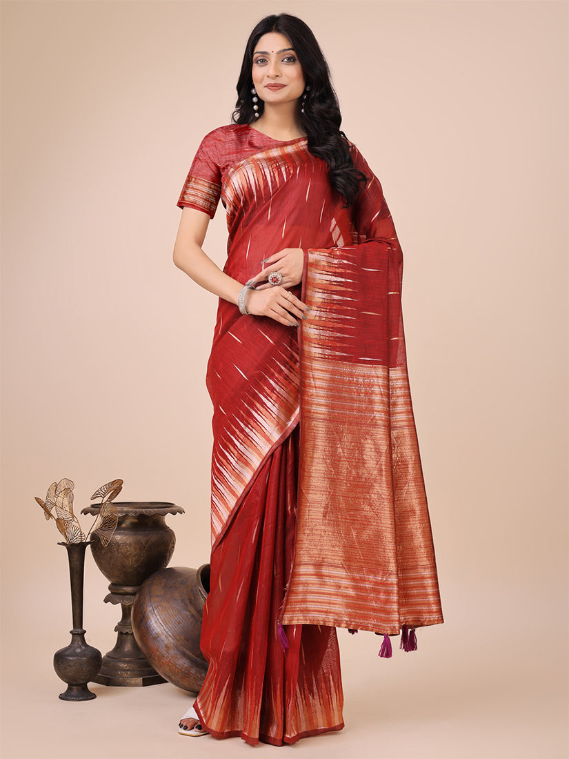 Monjolika Fashion Red Woven Linen Silk Blend Saree with Metallic Striped Border