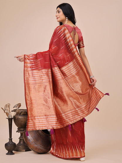 Monjolika Fashion Red Woven Linen Silk Blend Saree with Metallic Striped Border