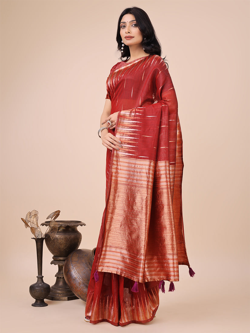 Monjolika Fashion Red Woven Linen Silk Blend Saree with Metallic Striped Border