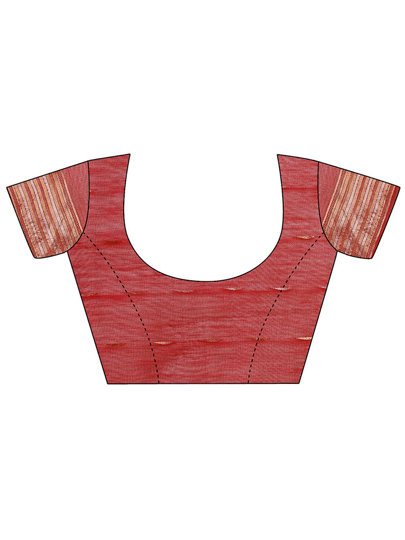 Monjolika Fashion Red Woven Linen Silk Blend Saree with Metallic Striped Border