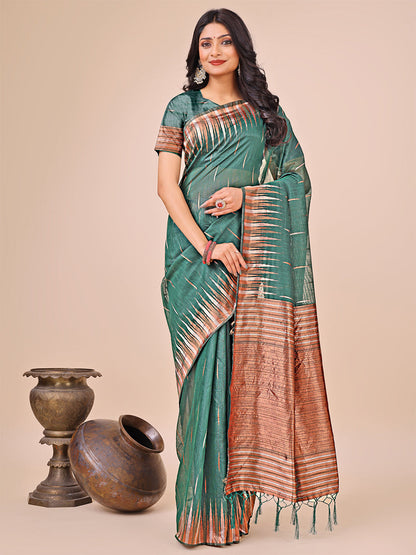 Monjolika Fashion Teal Green Woven Linen Silk Blend Saree with Metallic Striped Border