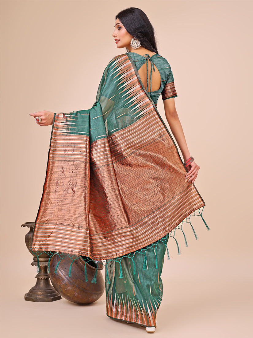Monjolika Fashion Teal Green Woven Linen Silk Blend Saree with Metallic Striped Border