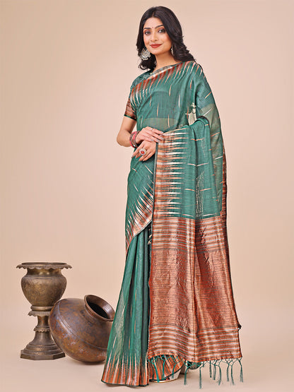 Monjolika Fashion Teal Green Woven Linen Silk Blend Saree with Metallic Striped Border