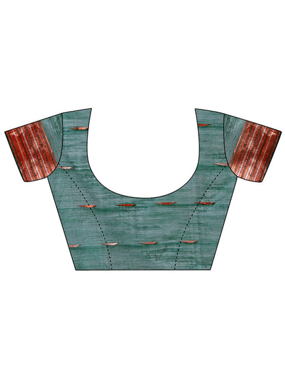 Monjolika Fashion Teal Green Woven Linen Silk Blend Saree with Metallic Striped Border