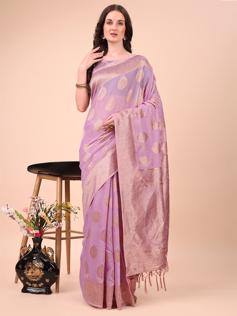 Monjolika Fashion Lilac Cotton Silk Blend Saree with Gold Zari Buti