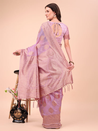 Monjolika Fashion Lilac Cotton Silk Blend Saree with Gold Zari Buti