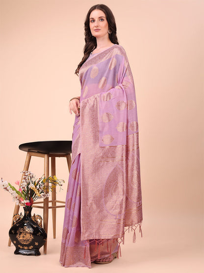 Monjolika Fashion Lilac Cotton Silk Blend Saree with Gold Zari Buti
