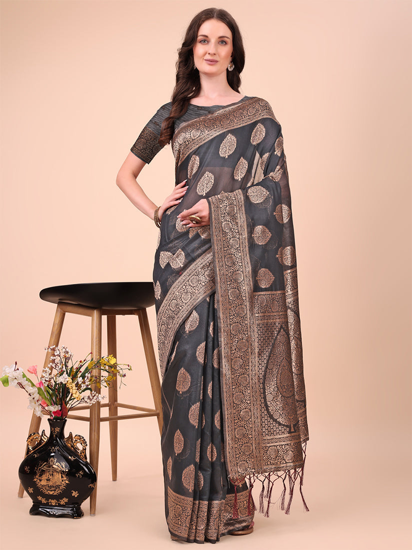 Monjolika Fashion Black Cotton Silk Blend Saree with Gold Zari Buti