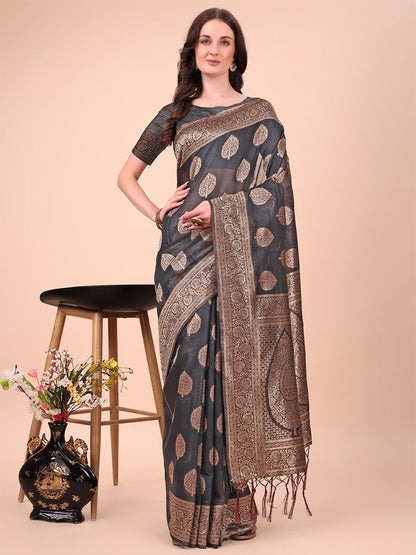 Monjolika Fashion Black Cotton Silk Blend Saree with Gold Zari Buti