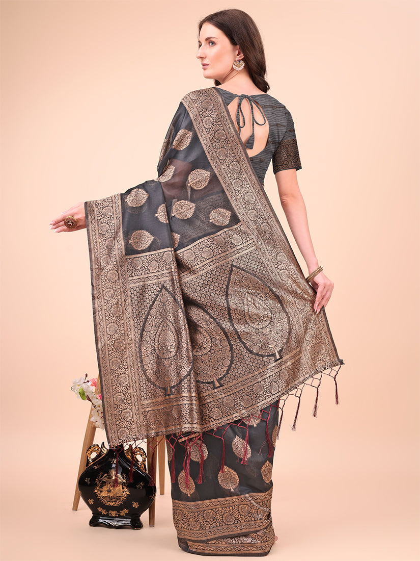 Monjolika Fashion Black Cotton Silk Blend Saree with Gold Zari Buti