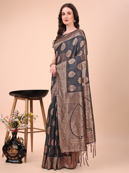 Monjolika Fashion Black Cotton Silk Blend Saree with Gold Zari Buti