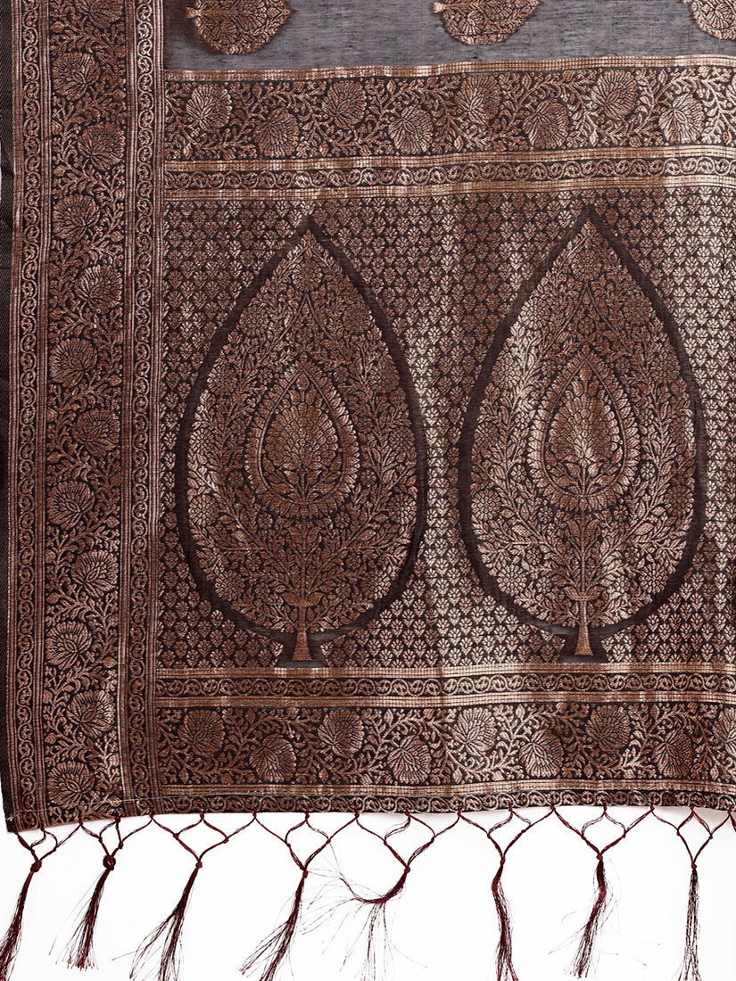 Monjolika Fashion Black Cotton Silk Blend Saree with Gold Zari Buti