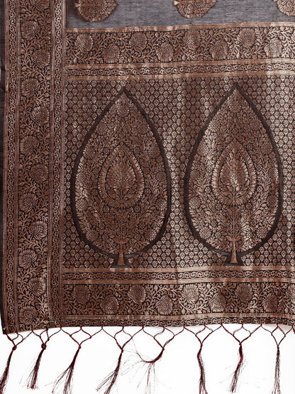 Monjolika Fashion Black Cotton Silk Blend Saree with Gold Zari Buti
