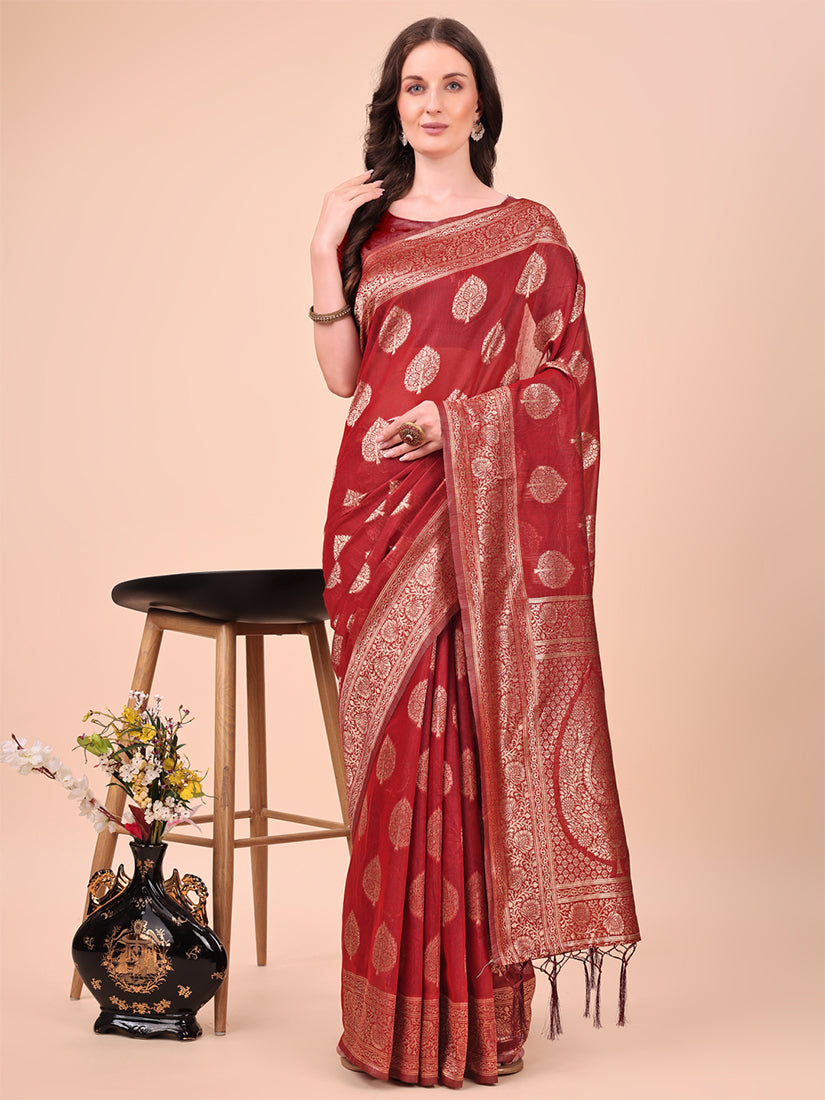 Monjolika Fashion Red Cotton Silk Blend Saree with Gold Zari Buti