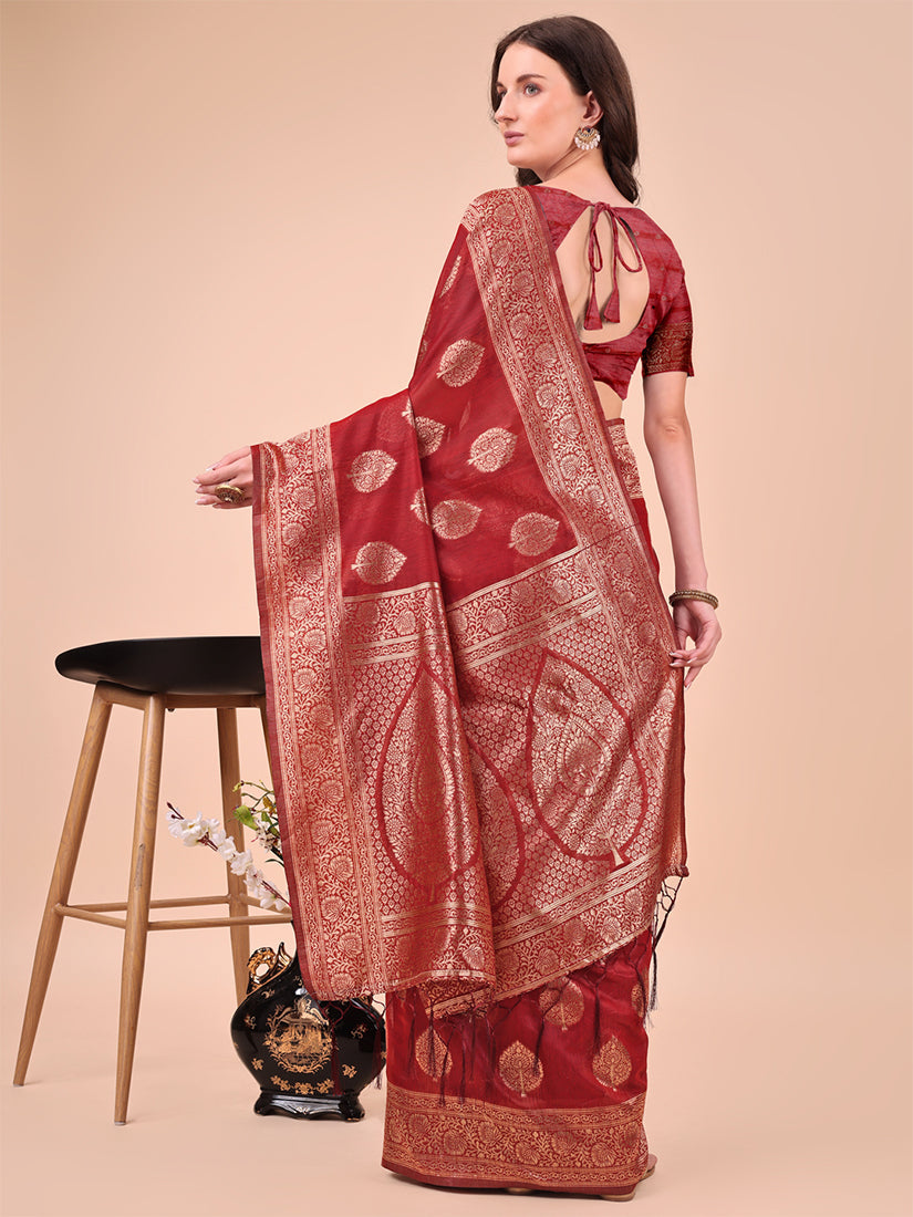 Monjolika Fashion Red Cotton Silk Blend Saree with Gold Zari Buti