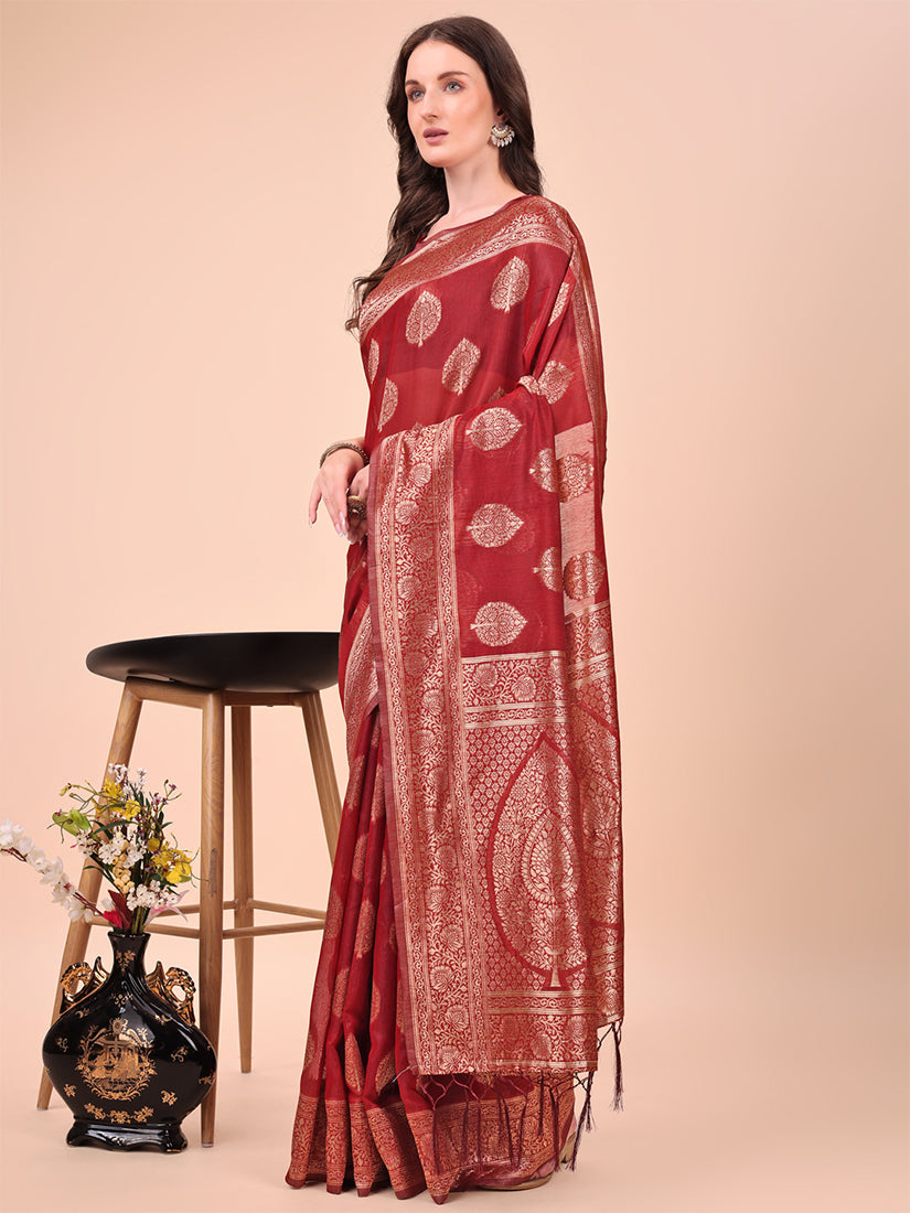 Monjolika Fashion Red Cotton Silk Blend Saree with Gold Zari Buti