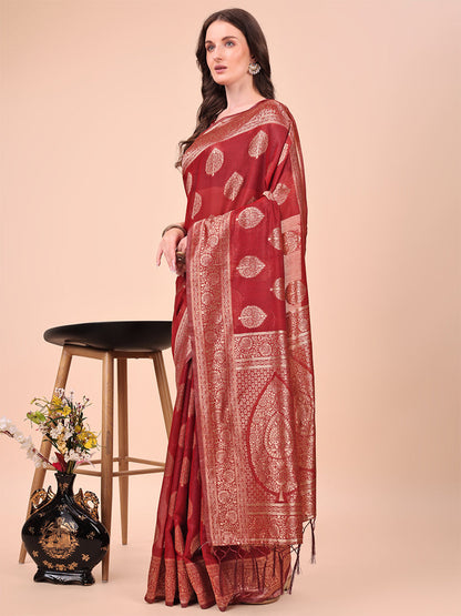 Monjolika Fashion Red Cotton Silk Blend Saree with Gold Zari Buti