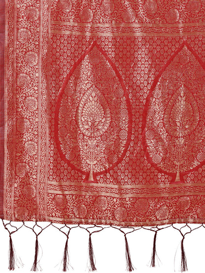 Monjolika Fashion Red Cotton Silk Blend Saree with Gold Zari Buti