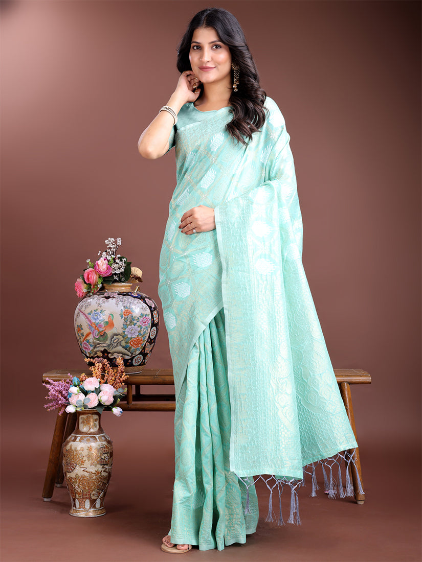 Monjolika Fashion Sea Green Cotton Silk Blend Woven Saree with Zari Work