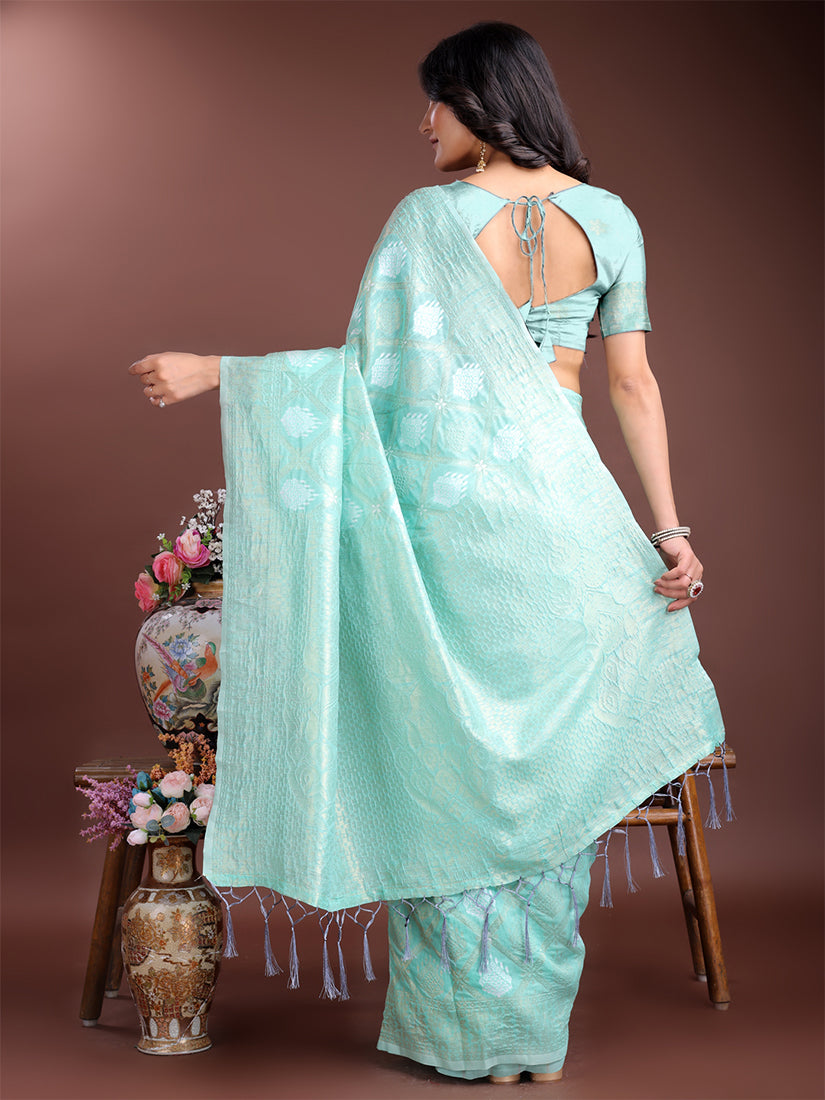 Monjolika Fashion Sea Green Cotton Silk Blend Woven Saree with Zari Work