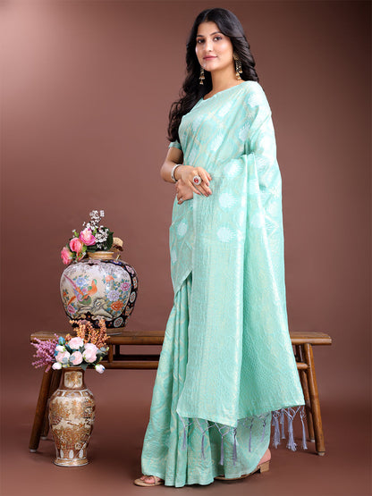 Monjolika Fashion Sea Green Cotton Silk Blend Woven Saree with Zari Work