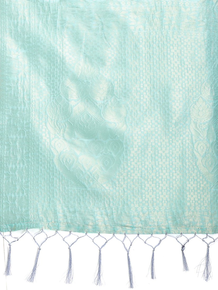 Monjolika Fashion Sea Green Cotton Silk Blend Woven Saree with Zari Work