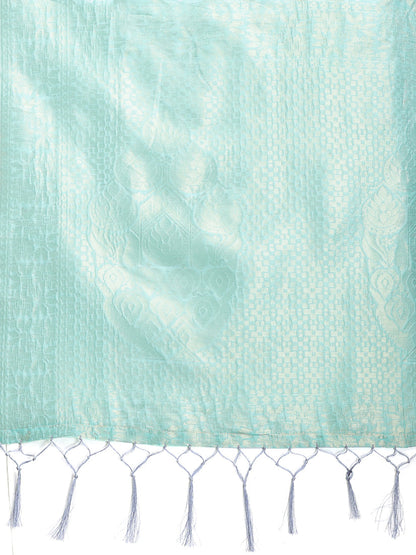 Monjolika Fashion Sea Green Cotton Silk Blend Woven Saree with Zari Work