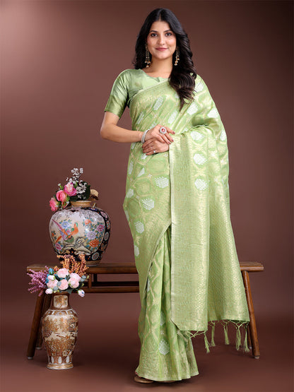 Monjolika Fashion Light Green Cotton Silk Blend Woven Saree with Zari Work