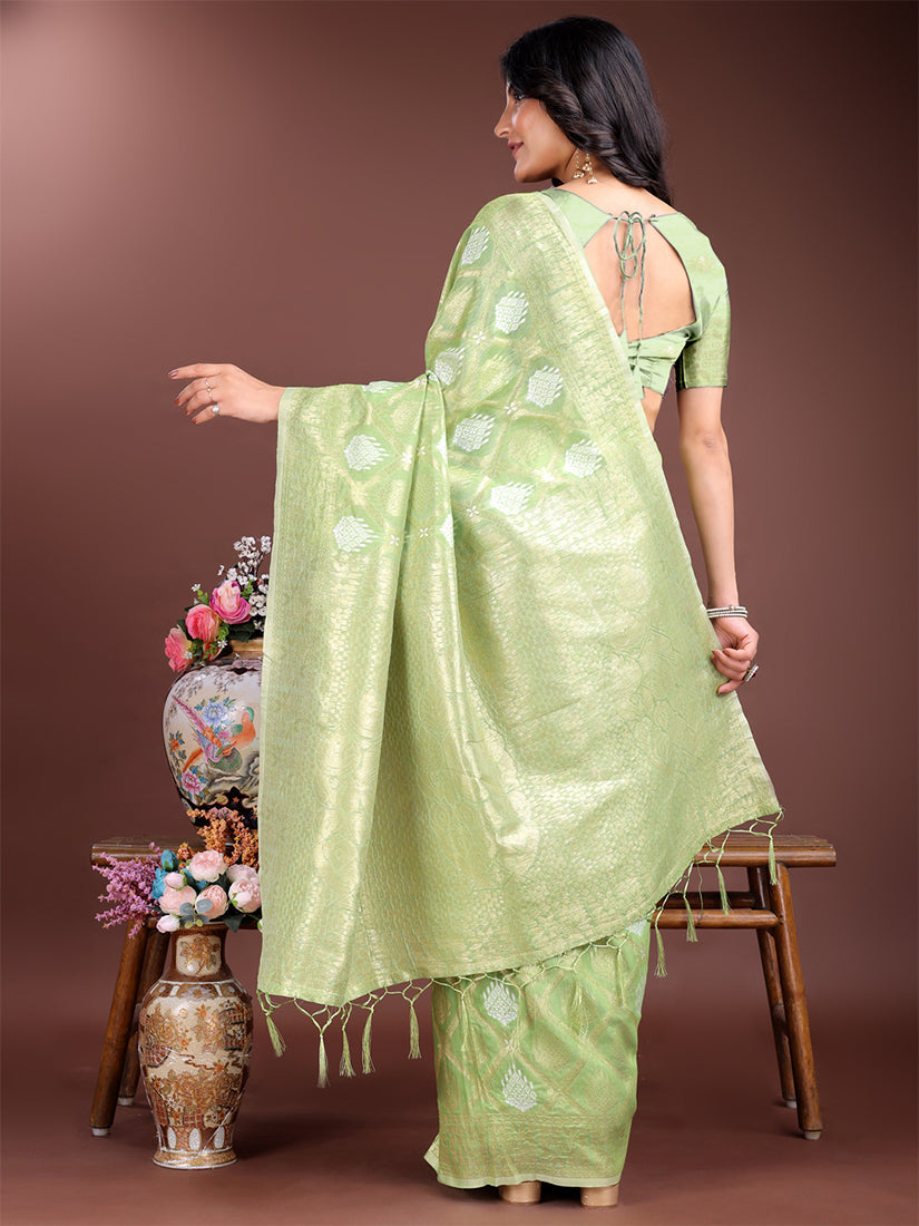 Monjolika Fashion Light Green Cotton Silk Blend Woven Saree with Zari Work