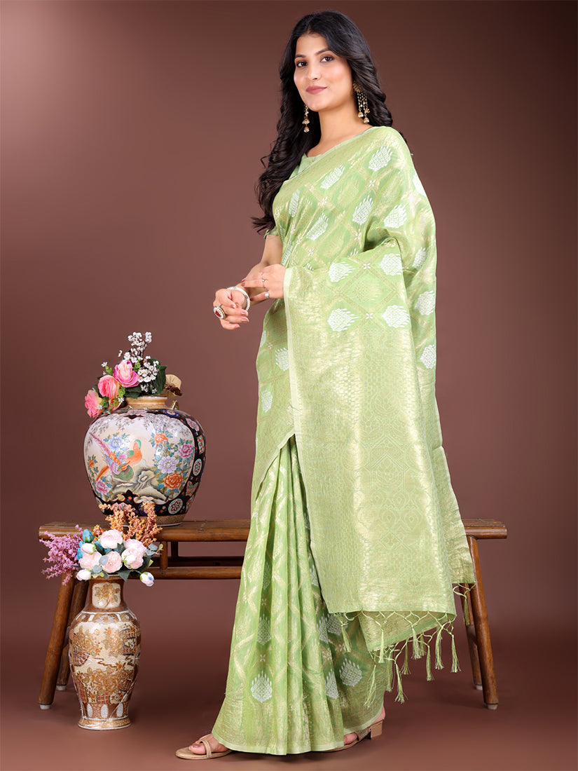 Monjolika Fashion Light Green Cotton Silk Blend Woven Saree with Zari Work