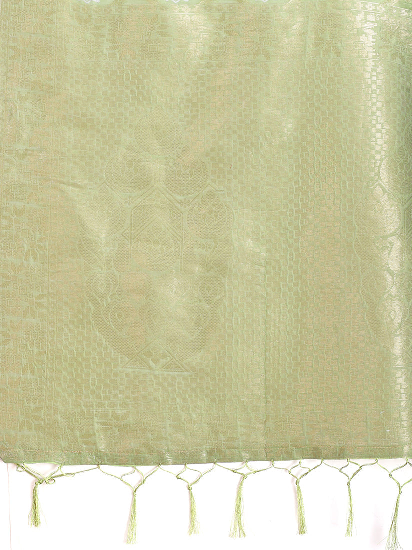Monjolika Fashion Light Green Cotton Silk Blend Woven Saree with Zari Work
