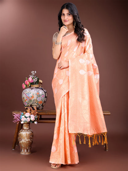 Monjolika Fashion Peach Cotton Silk Blend Woven Saree with Zari Work