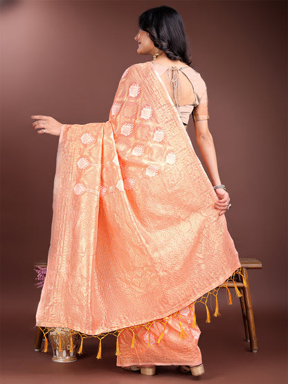 Monjolika Fashion Peach Cotton Silk Blend Woven Saree with Zari Work