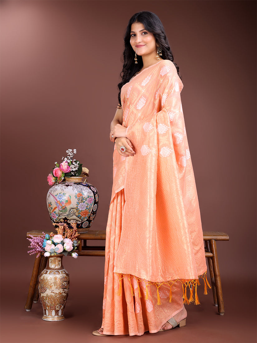Monjolika Fashion Peach Cotton Silk Blend Woven Saree with Zari Work